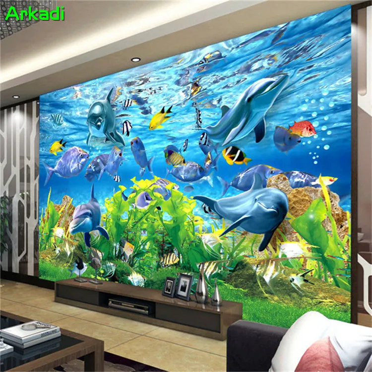 3D потребителски тапети подводен свят на океана риба стенопис детска стая ТЕЛЕВИЗИЯ фон карикатура тапети хол делфин снимка