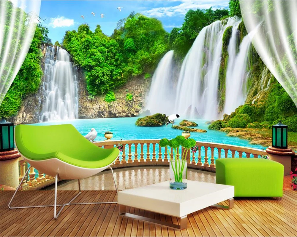 Потребителски големи тапети 3d бунгала пейзаж водопад триизмерна стенопис хол хотел пейзаж на фона на стената тапет
