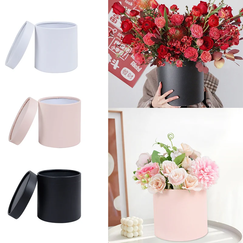 Розова/Бяла/Черна Кутия за цветя 12x12 см, Преносими Кръгли Подаръчни Кутии За Опаковане на Букети, с Малка Кофа за Прегръдки за Сватбена Декорация на Дома