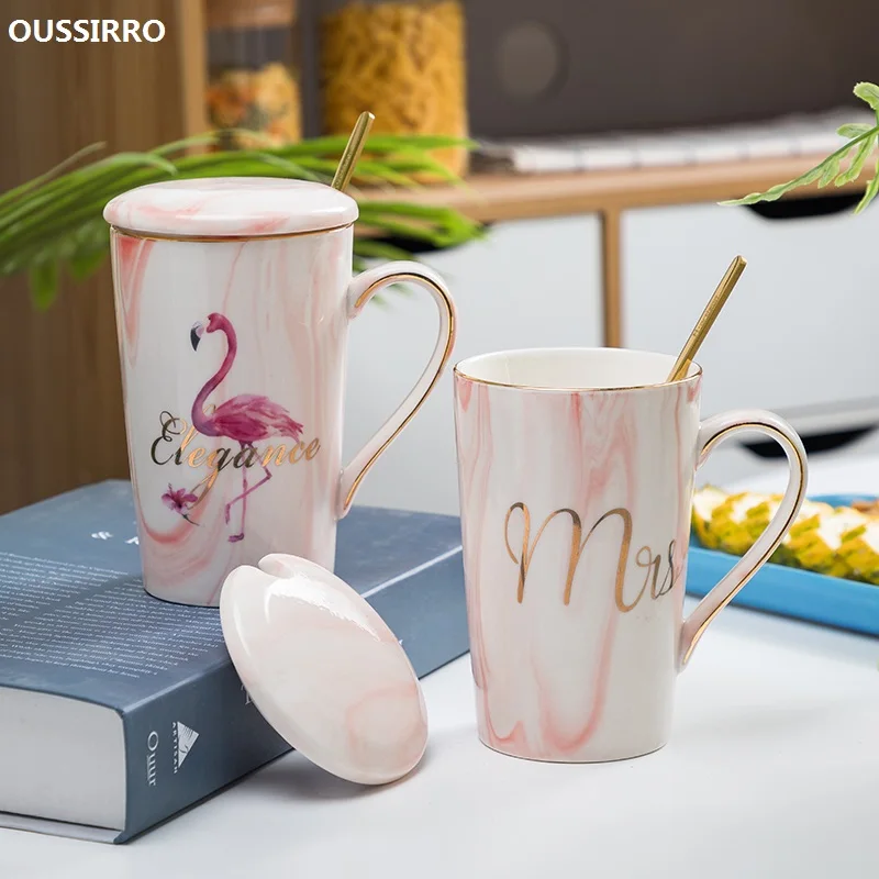 Керамична Чаша С Шарките на Фламинго, Порцелан Кафеена Чаша е От Естествен Мрамор, г-Н и г-жа Чаша За Чай и Мляко, Творчески Подарък За Годишнина от Сватбата