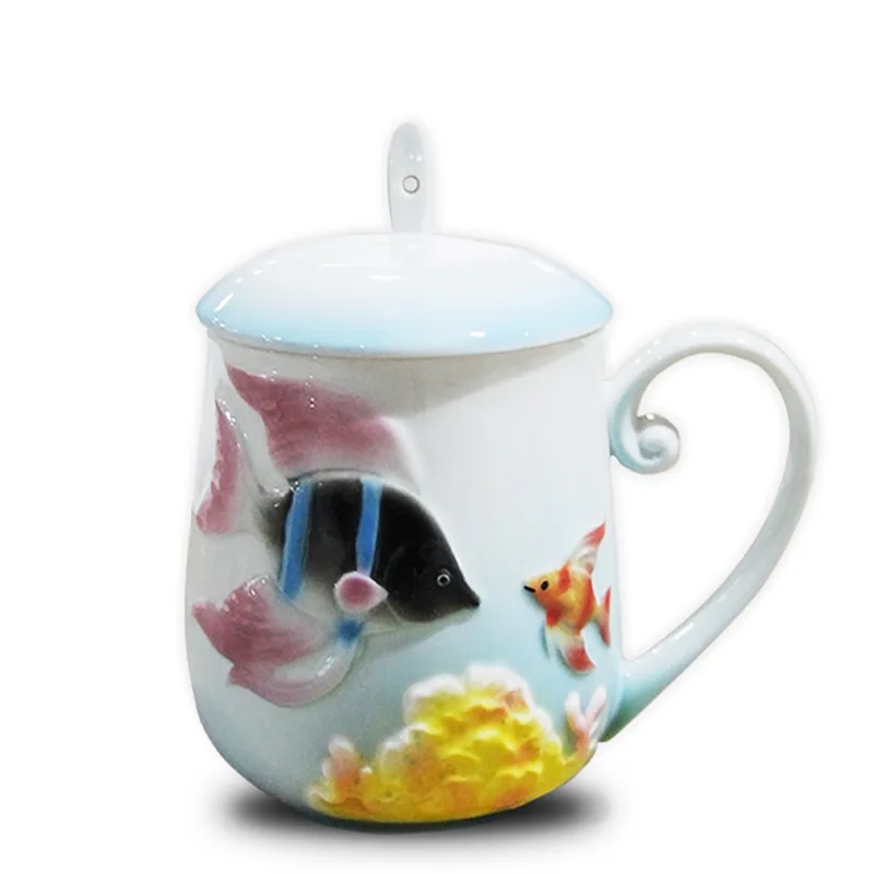 Творческо животно красива риба эмалированная порцеланова чаша с капак керамична чаша, две чаши с капак, чаша за вода, чаша за чай чаша за закуска